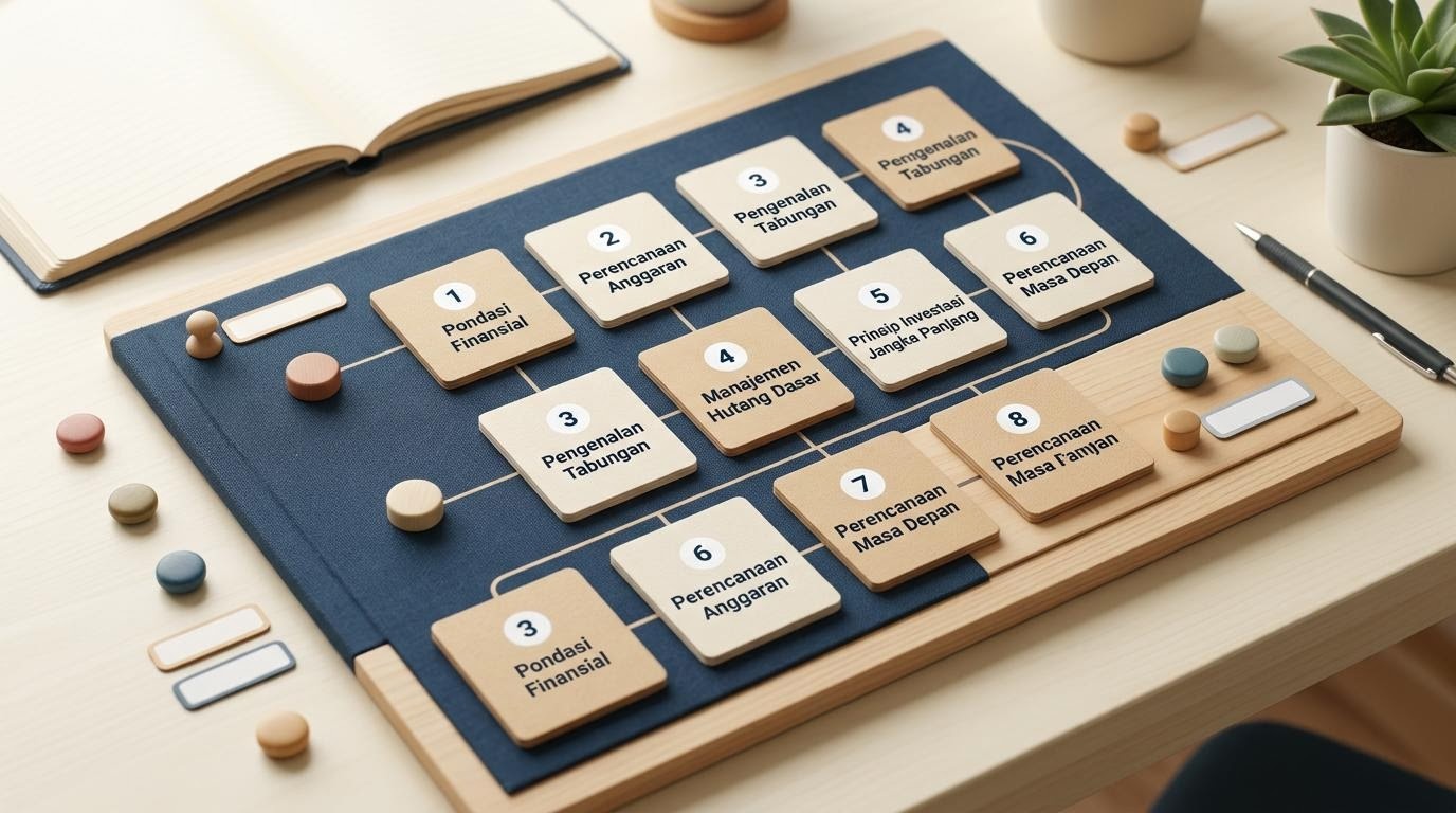 Tablero de plan de aprendizaje gradual con marcadores de secuencia de material financiero.