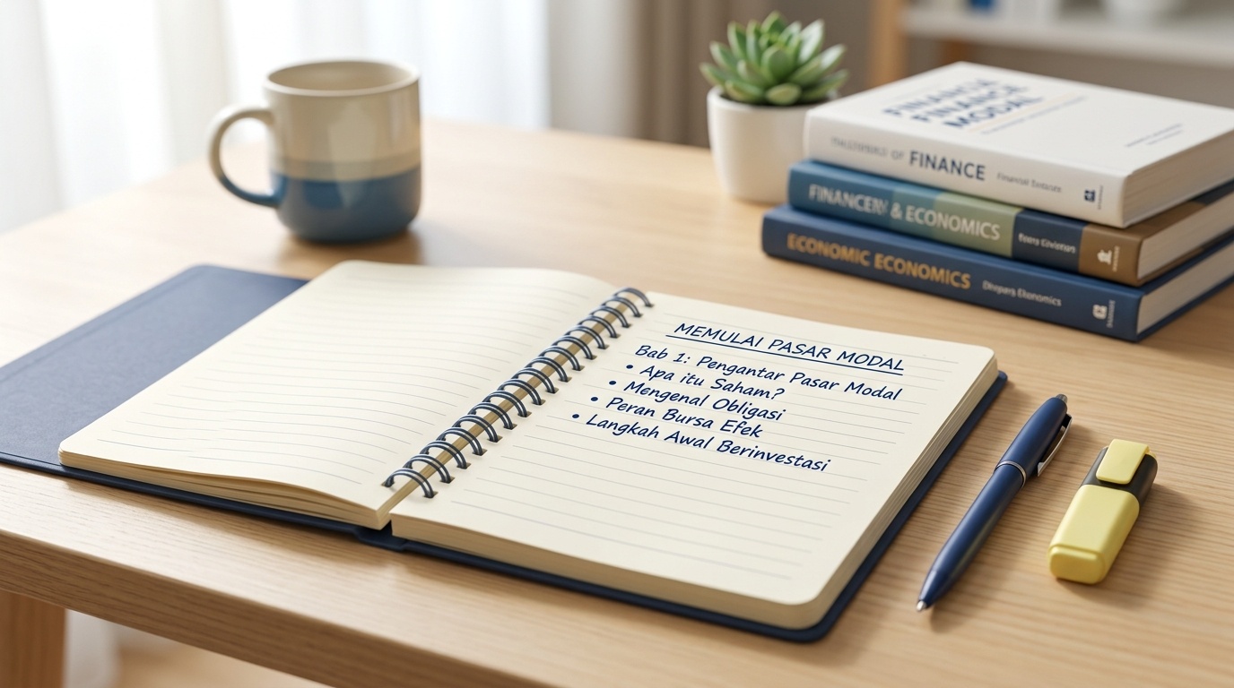 Cuaderno abierto con el esquema del capítulo inicial que estudia los mercados de capitales en un escritorio brillante